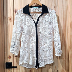 Maurices Cream Lace Roll Tab Sleeve Top Sheer Romantic Cottagecore Size L